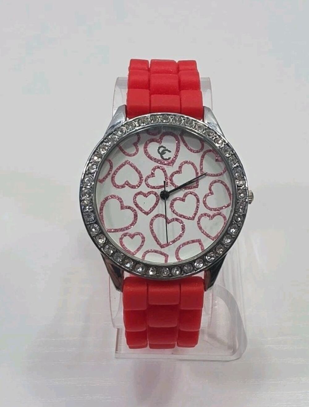 Cc 6545 Analog Quartz Watch W/Sparkly Gems Heart Dial Red Band New Battery W289